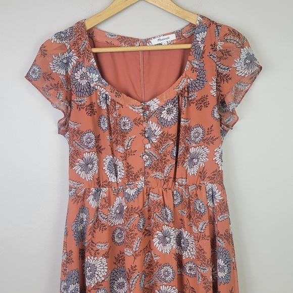 Madewell sheer sleeve button front midi dress floral burnt orange 4 - Picture 3 of 16